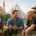 Three friends chat outdoors before mosque, towers and pagoda, symbolising global harmony.