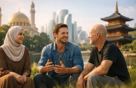 Three friends chat outdoors before mosque, towers and pagoda, symbolising global harmony.