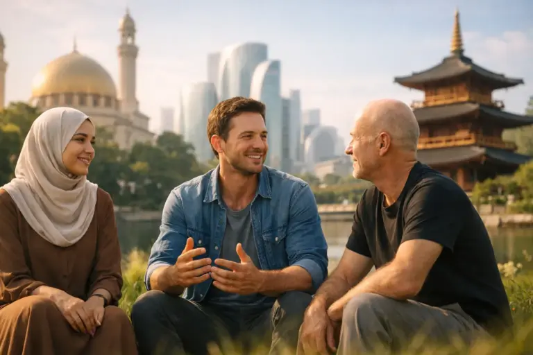 Three friends chat outdoors before mosque, towers and pagoda, symbolising global harmony.