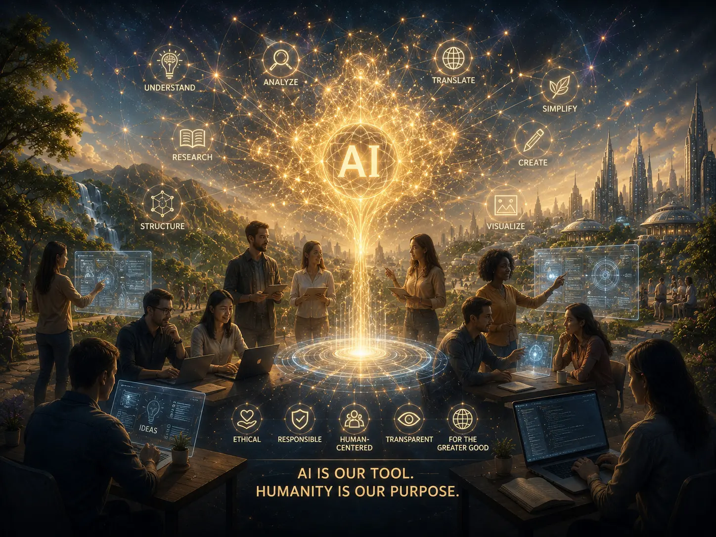 AI Transparency Policy Golden AI symbol above people collaborating, with message: AI serves humanity.
