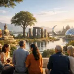 Six people view sunset world landmarks, including a Buddha statue, temple, ruins and domes.