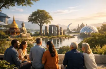 Six people view sunset world landmarks, including a Buddha statue, temple, ruins and domes.