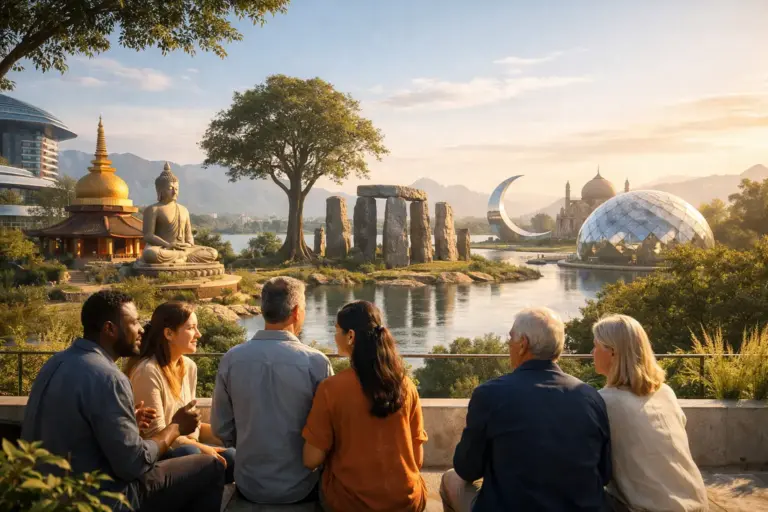Six people view sunset world landmarks, including a Buddha statue, temple, ruins and domes.