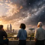 Three people gaze over a futuristic city beneath a split sunset and starry sky.