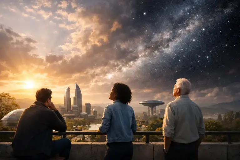 Three people gaze over a futuristic city beneath a split sunset and starry sky.