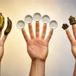 Three hands compare bananas, eggs, and chocolate for better decision making.