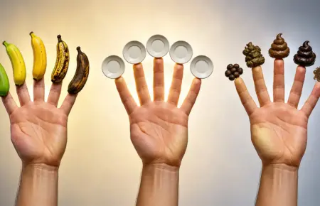 Three hands compare bananas, eggs, and chocolate for better decision making.