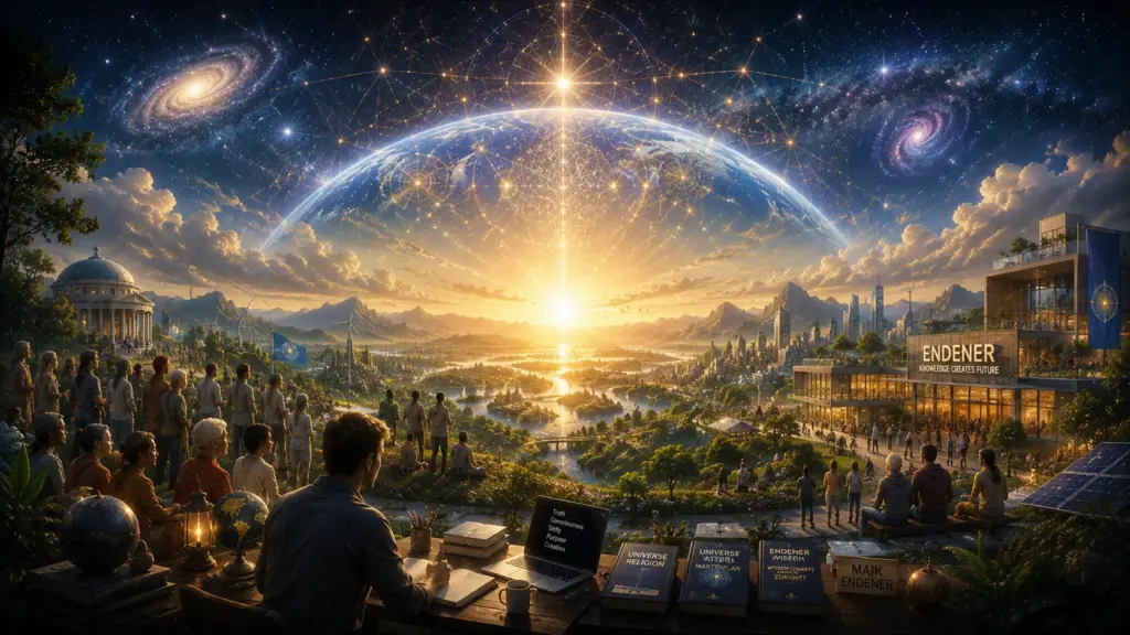 Cosmic revelation over a sacred landscape with crowd, glowing horizon, and spiral galaxies.