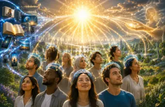 Des personnes de tous horizons contemplent une lumière éclatante, symbolisant la transformation de la vision du monde, l'éducation et la société de demain.