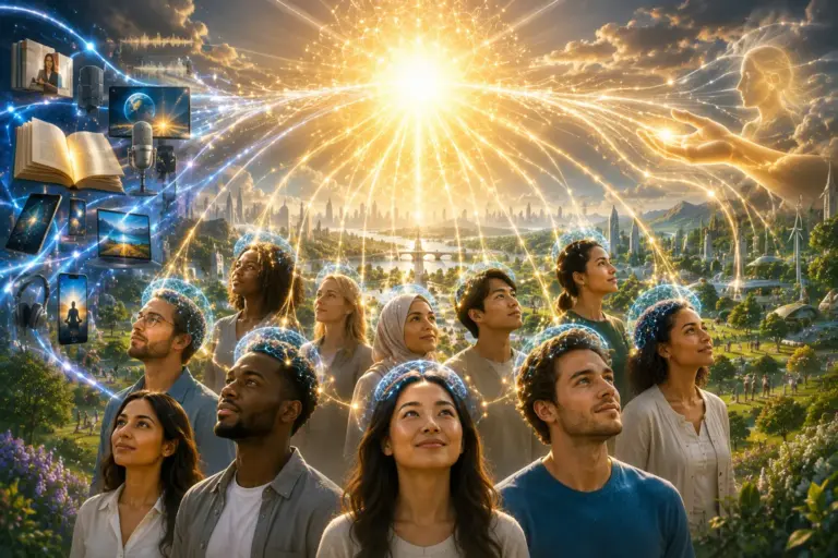 Diverse people gaze at radiant light, symbolising worldview transformation, education, and future society.