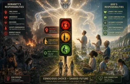 Humanity’s responsibility and God’s guidance, contrasting destruction with peaceful renewal.