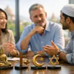 Interfaith dialogue on world religions with symbols of Buddhism, Christianity, Islam and Judaism.