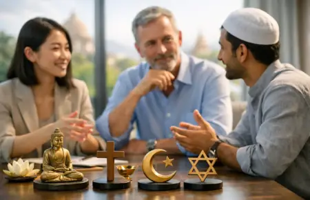 Interfaith dialogue on world religions with symbols of Buddhism, Christianity, Islam and Judaism.
