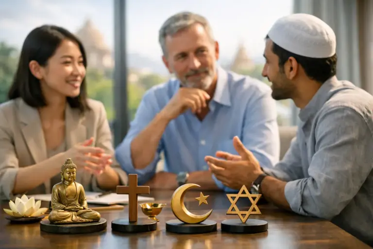 Interfaith dialogue on world religions with symbols of Buddhism, Christianity, Islam and Judaism.