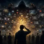 Lone figure facing a glowing question mark amid chaotic media, uncertainty and conspiracy theories.
