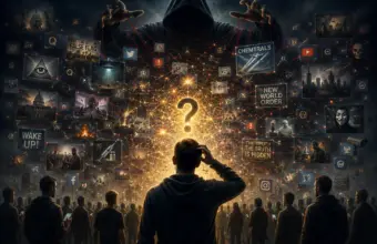 Lone figure facing a glowing question mark amid chaotic media, uncertainty and conspiracy theories.
