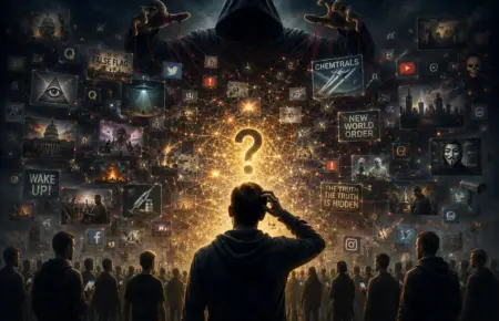 Lone figure facing a glowing question mark amid chaotic media, uncertainty and conspiracy theories.