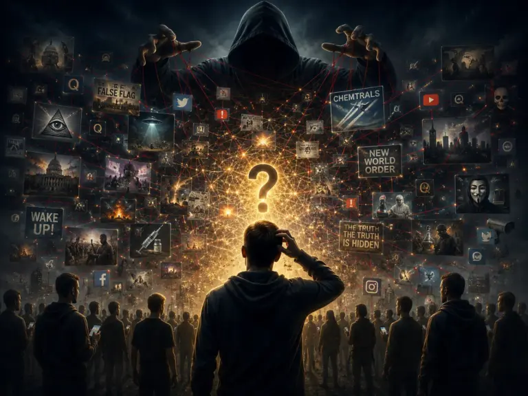 Lone figure facing a glowing question mark amid chaotic media, uncertainty and conspiracy theories.