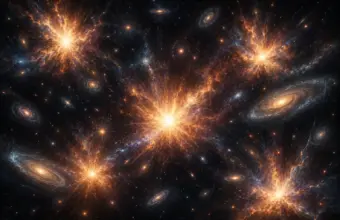 Golden cosmic starbursts and spiral galaxy in deep space.
