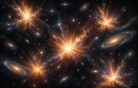Golden cosmic starbursts and spiral galaxy in deep space.