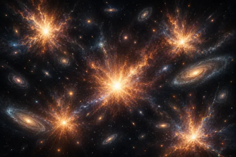 Golden cosmic starbursts and spiral galaxy in deep space.