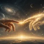 Cosmic hands reaching in space, symbolising creation, connection, and the new universal order.