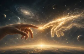 Cosmic hands reaching in space, symbolising creation, connection, and the new universal order.