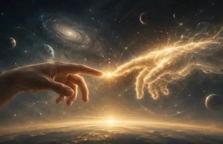 Cosmic hands reaching in space, symbolising creation, connection, and the new universal order.