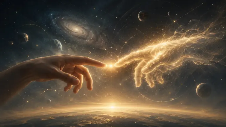 Cosmic hands reaching in space, symbolising creation, connection, and the new universal order.
