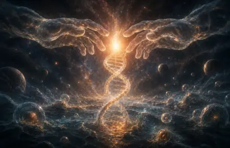 Glowing DNA helix rising to a cosmic golden core, symbolising life’s origin.