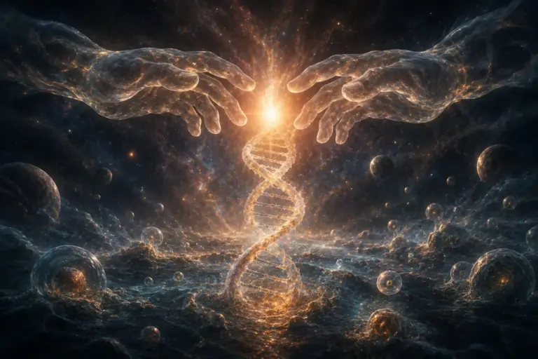 Glowing DNA helix rising to a cosmic golden core, symbolising life’s origin.