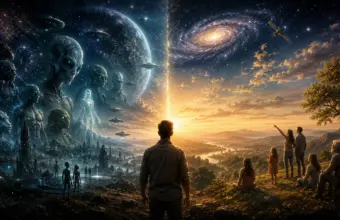 Lone figure between dark cosmic realm and golden galaxy, evoking extraterrestrial life.