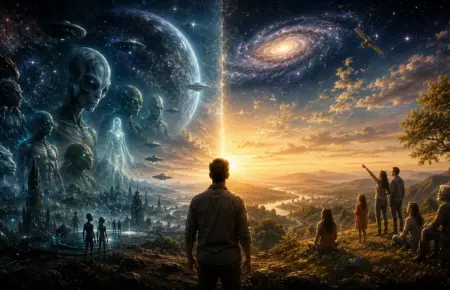 Lone figure between dark cosmic realm and golden galaxy, evoking extraterrestrial life.