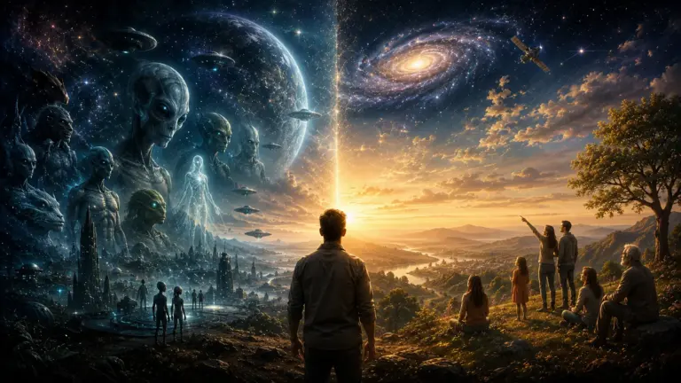 Lone figure between dark cosmic realm and golden galaxy, evoking extraterrestrial life.