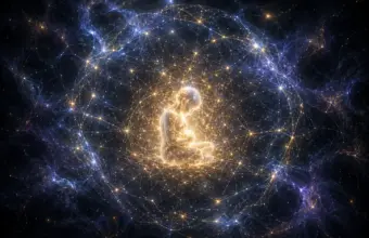 Glowing creator consciousness within a cosmic ring of light and energy.
