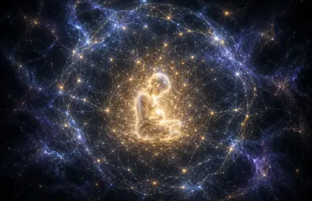 Glowing creator consciousness within a cosmic ring of light and energy.