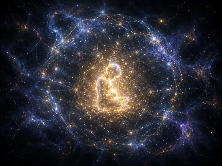 Glowing creator consciousness within a cosmic ring of light and energy.