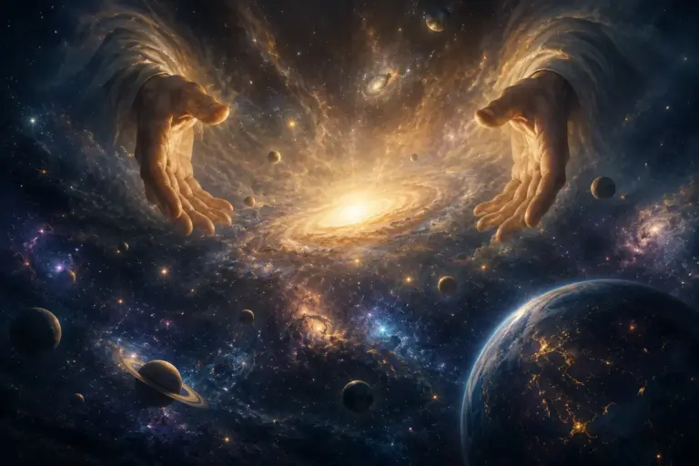 Golden cosmic nebula with planets and stars, evoking the Creator’s omnipotent power.