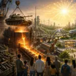 Futuristic city beside burning ruin symbolises disarmament, world peace, and a secure future.