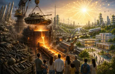 Futuristic city beside burning ruin symbolises disarmament, world peace, and a secure future.