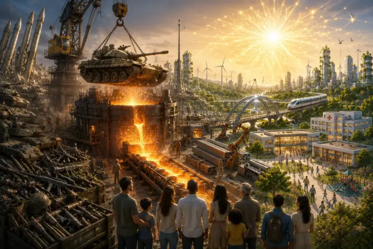 Futuristic city beside burning ruin symbolises disarmament, world peace, and a secure future.