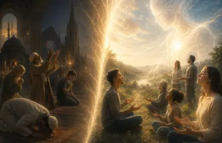Golden divine beam illuminating worshippers in a rocky sacred landscape.