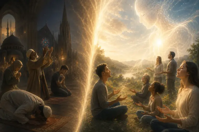 Golden divine beam illuminating worshippers in a rocky sacred landscape.