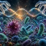 Glowing DNA helix with microbes and hands, symbolising future healthcare and disease prevention.