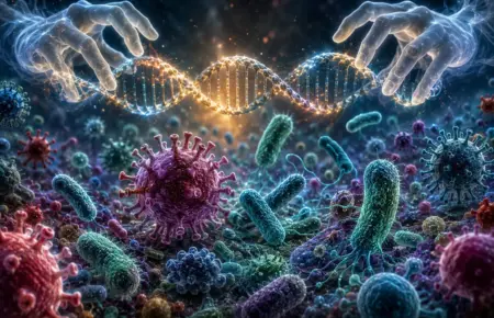 Glowing DNA helix with microbes and hands, symbolising future healthcare and disease prevention.