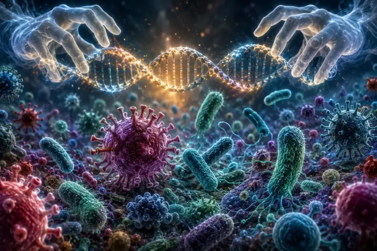 Glowing DNA helix with microbes and hands, symbolising future healthcare and disease prevention.