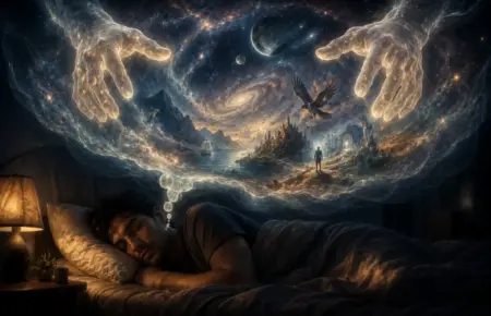 Cosmic hands over sleeping figure, suggesting where dreams come from.