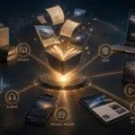 Glowing book with pages branching to screens and media icons for omnichannel publishing.