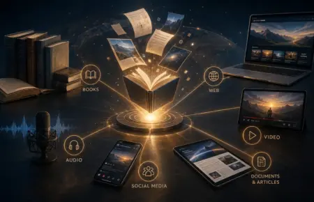 Glowing book with pages branching to screens and media icons for omnichannel publishing.