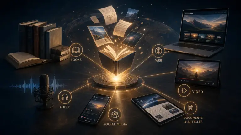 Glowing book with pages branching to screens and media icons for omnichannel publishing.